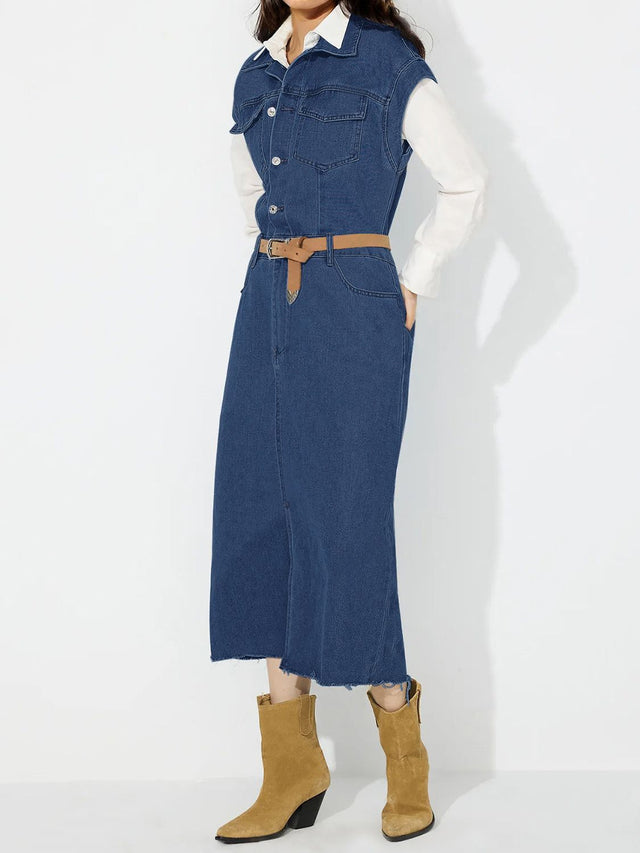 Slit Half Button Collared Neck Cap Sleeve Denim Dress Trendsi Hanalas