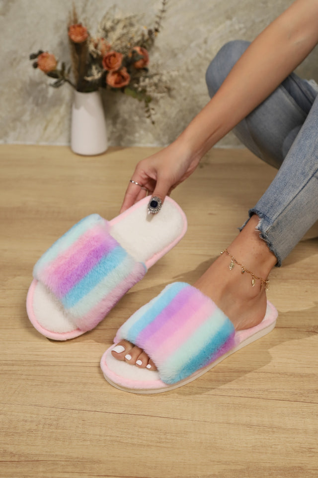 Color Block Open Toe Faux Fur PVC Slippers | Hanalas