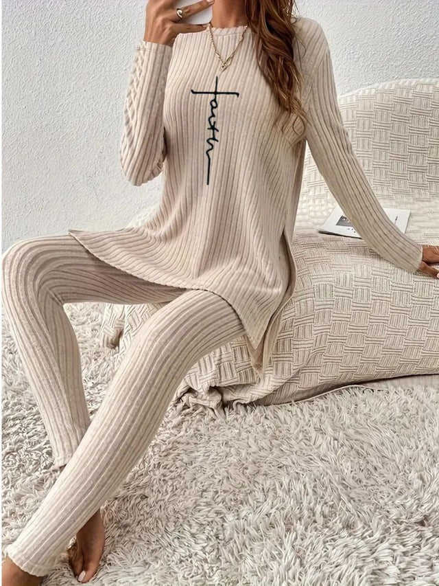 Side Slit Round Neck Long Sleeve Top and Pants Set | Hanalas