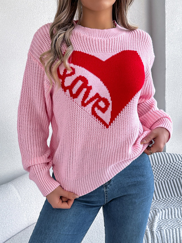 LOVE Heart Round Neck Dropped Shoulder Sweater | Hanalas