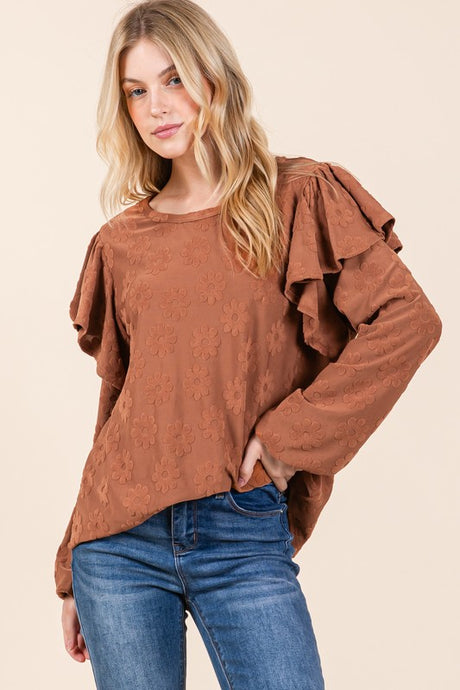 BOMBOM Ruffled Flower Round Neck Blouse | Hanalas