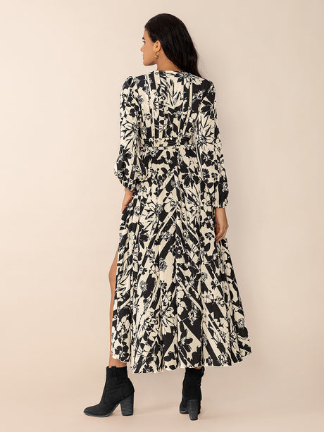 Tied Printed V-Neck Long Sleeve Midi Dress Trendsi Hanalas