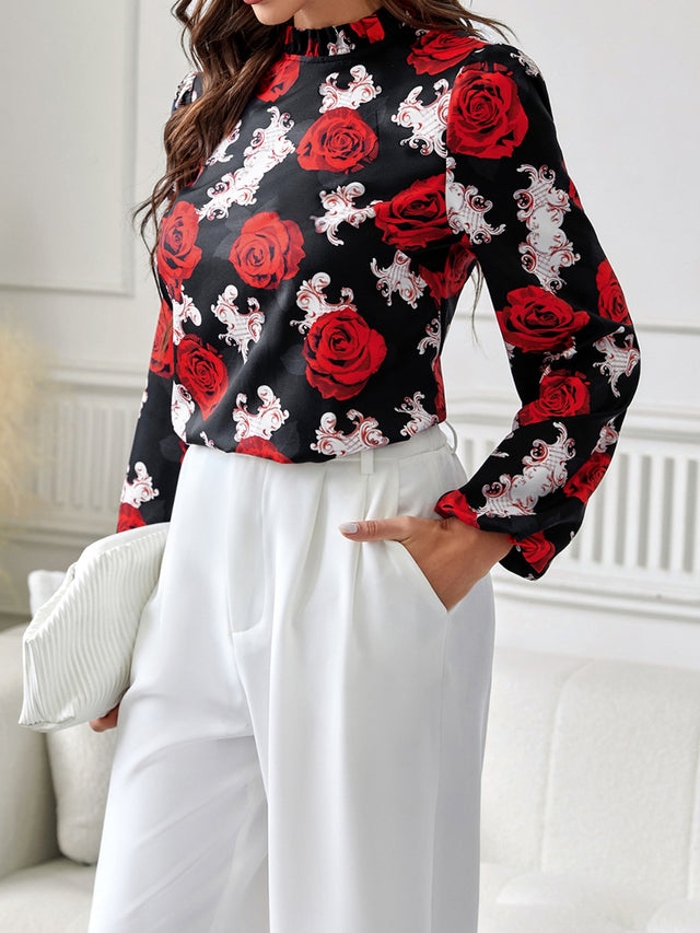 Frill Floral Mock Neck Long Sleeve Top | Hanalas