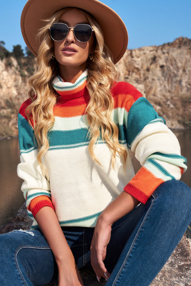 Contrast Striped Turtleneck Dropped Shoulder Sweater | Hanalas