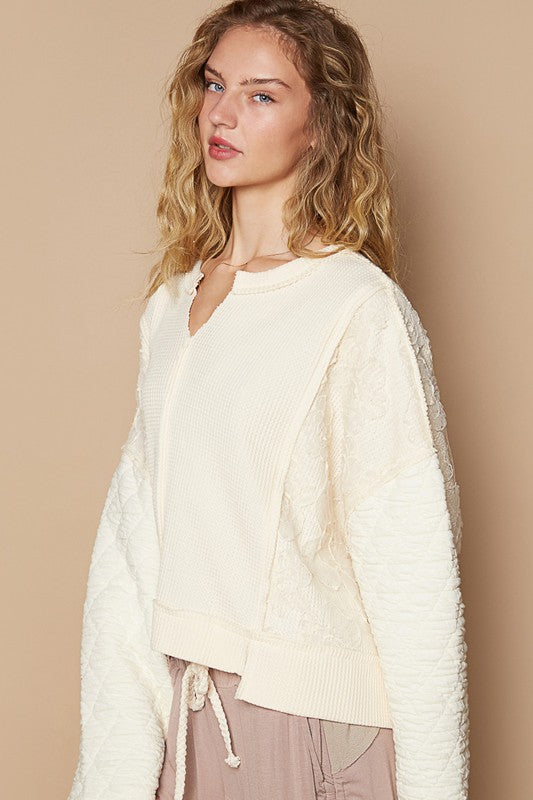 POL Waffle-Knit Notched Long Sleeve Knit Top | Hanalas