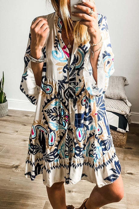 Printed Notched Three-Quarter Sleeve Mini Dress | Hanalas