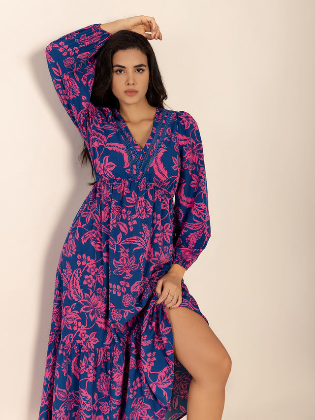 Printed V-Neck Long Sleeve Midi Dress Trendsi Hanalas