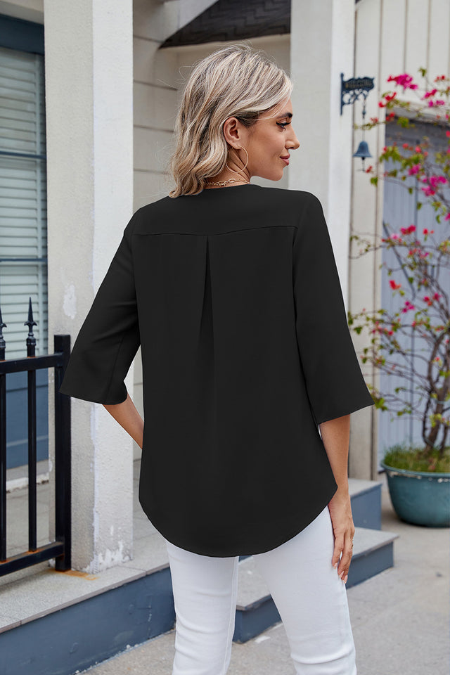 Ruffled V-Neck Three-Quarter Sleeve Blouse | Hanalas