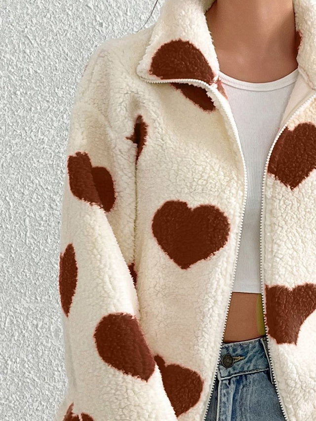 Heart Zip Up Drop Shoulder Furry Jacket | Hanalas