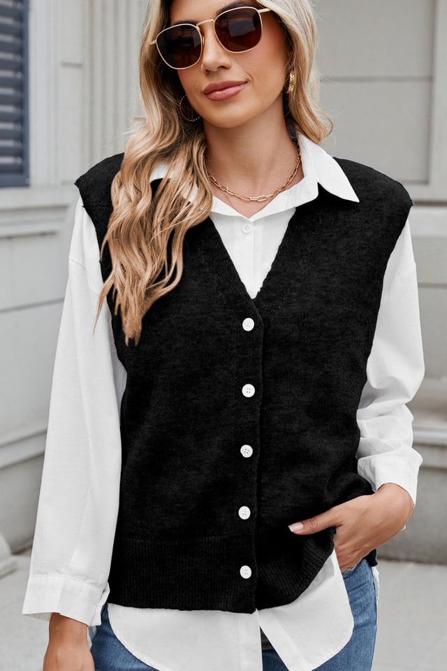 Button Down V-Neck Sweater Vest | Hanalas