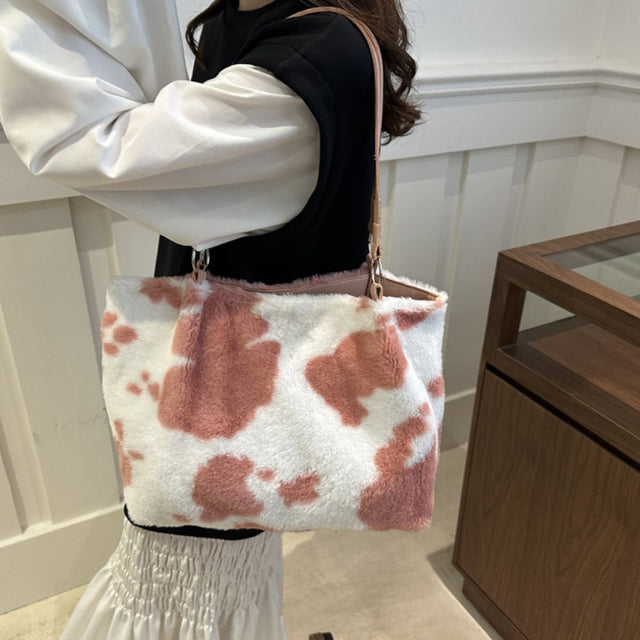 Cow Print Furry Tote Bag Trendsi Hanalas