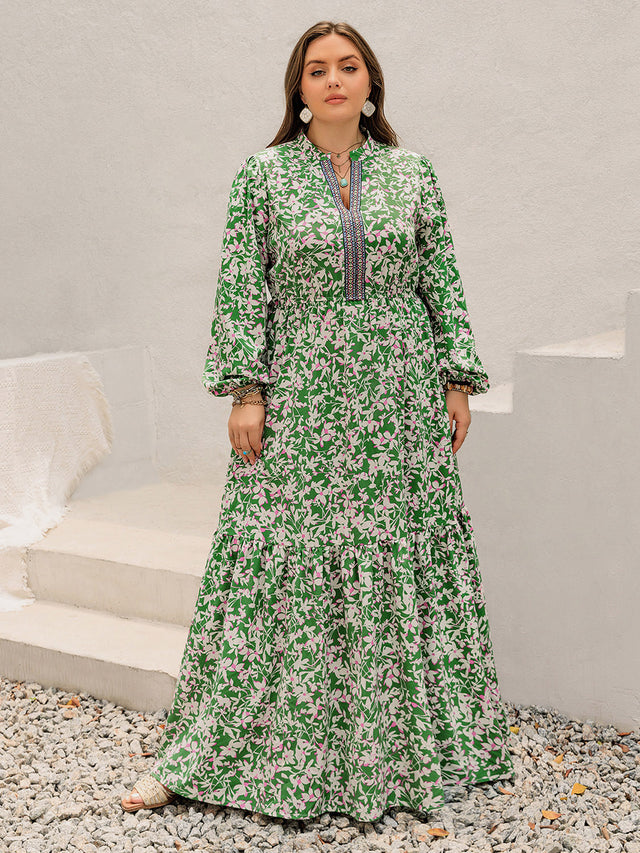 Plus Size Printed Notched Long Sleeve Maxi Dress Trendsi Hanalas