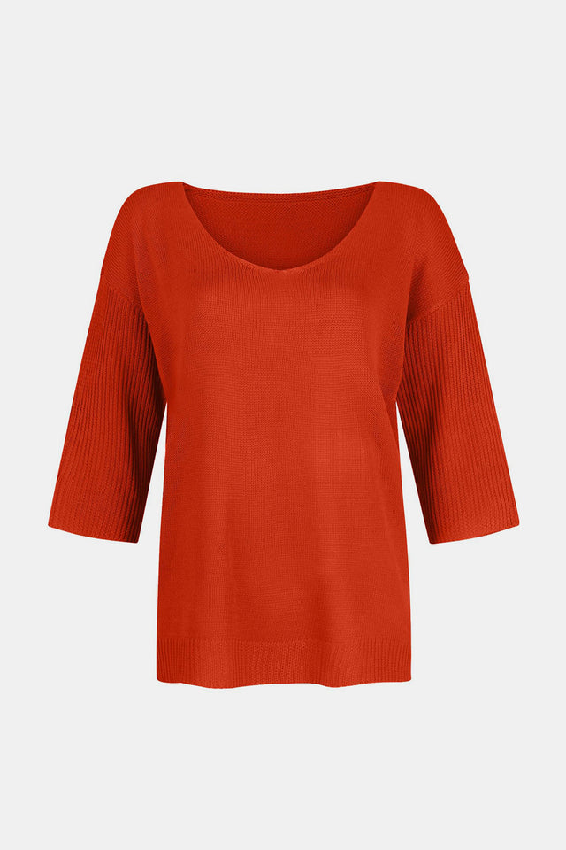 V-Neck Three-Quarter Sleeve Knit Top | Hanalas