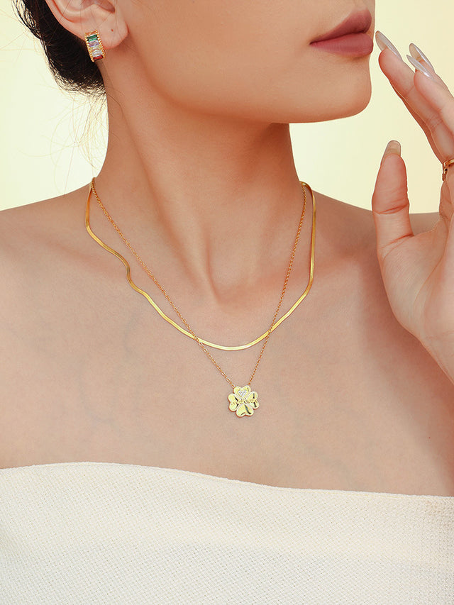 2 Piece 18K Gold-Plated Inlaid Zircon Lucky Clover Necklace | Hanalas