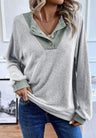 Contrast Quarter Button Round Neck Long Sleeve Top | Hanalas