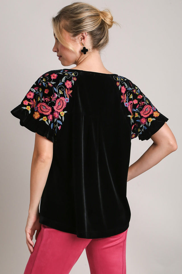 Umgee Full Size Velvet Embroidery Short Sleeve Blouse | Hanalas