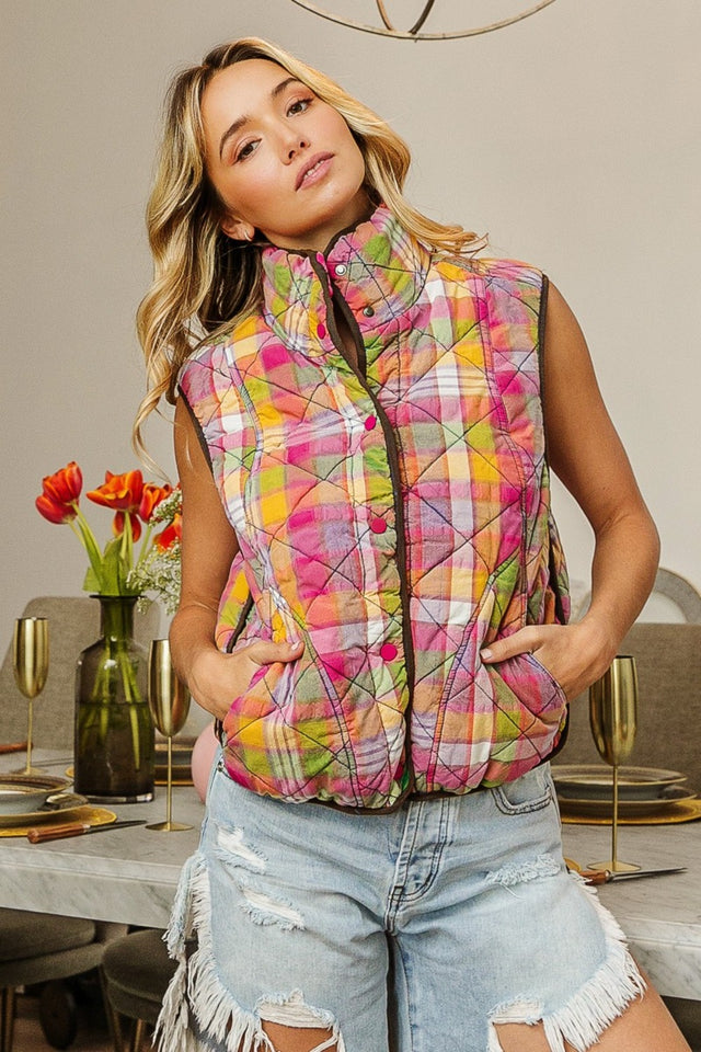 BiBi Quilted Washed Plaid Snap Down Vest | Hanalas