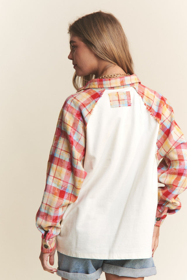 J.NNA Plaid Contrast Button Down Henley Top | Hanalas