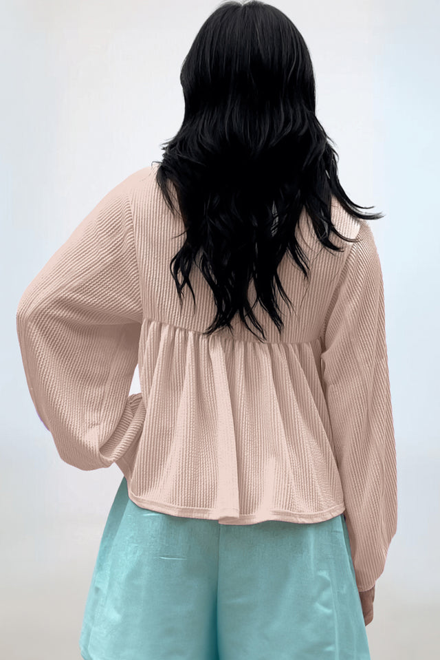 Corded Johnny Collar Long Sleeve Babydoll Blouse | Hanalas