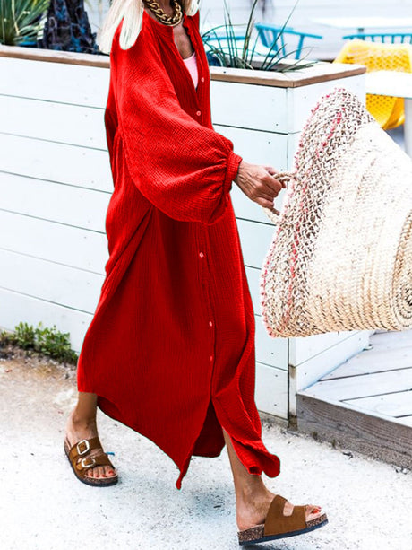 Button Down Long Sleeve Maxi Shirt Dress | Hanalas