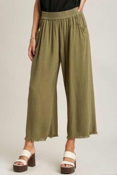 Umgee Full Size Linen Blend Elastic Waistband Wide Leg Pants Plus Size | Hanalas