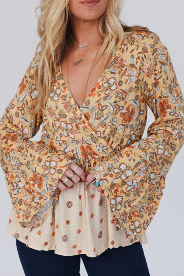 Peplum Printed Surplice Flare Sleeve Blouse | Hanalas