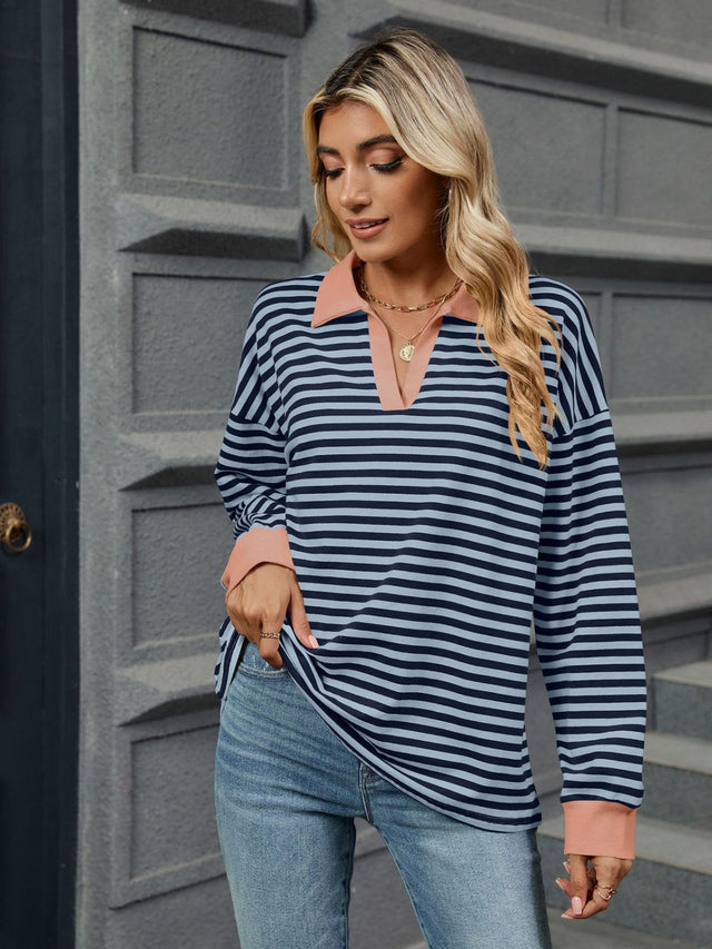 Striped Johnny Collar Long Sleeve Sweatshirt | Hanalas