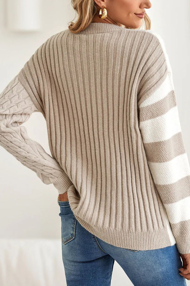 Cable-Knit Color Block Round Neck Sweater Trendsi Hanalas