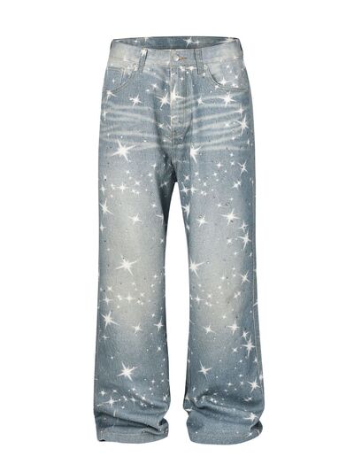Washed Rhinestone Star Print Jeans | Hanalas