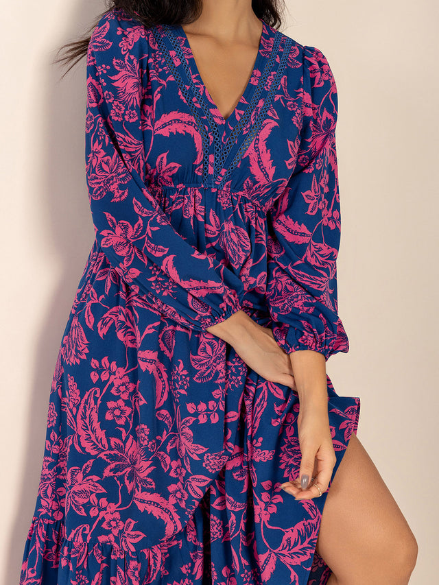 Printed V-Neck Long Sleeve Midi Dress Trendsi Hanalas