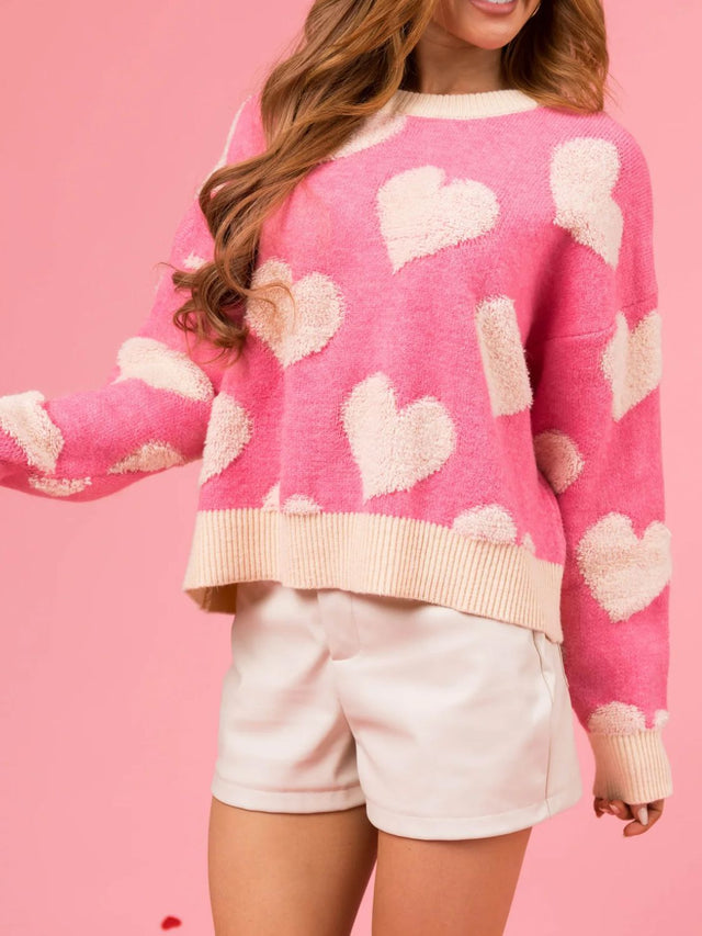 Valentine’s Day Fuzzy Heart Round Neck Long Sleeve Sweater | Hanalas