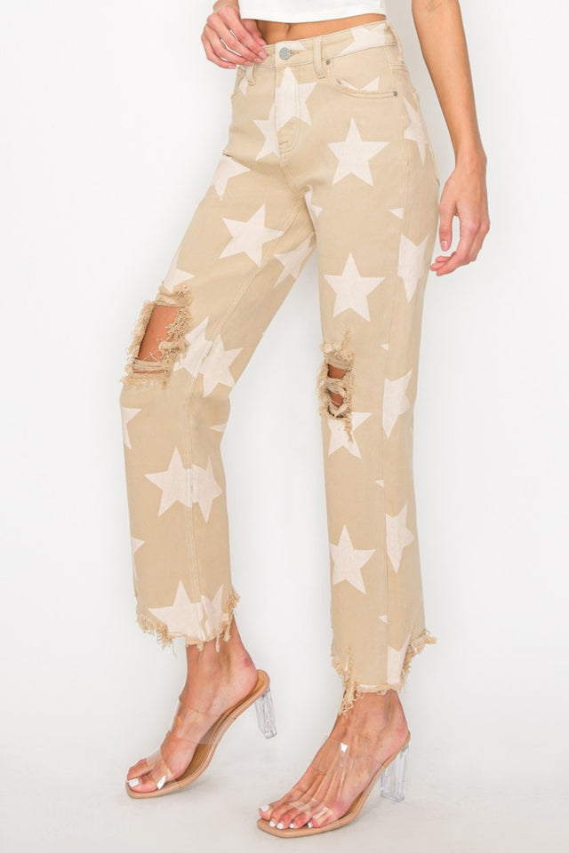 RISEN Full Size High Rise Star Printed Frayed Hem Jeans Trendsi Hanalas