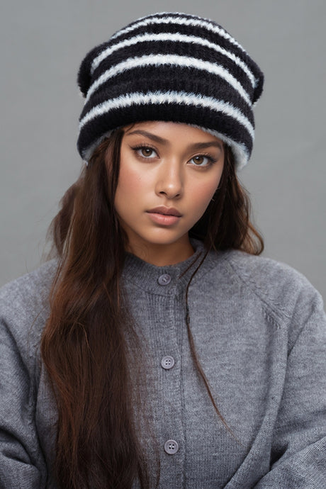 Fuzzy Contrast Striped Thermal Hat | Hanalas