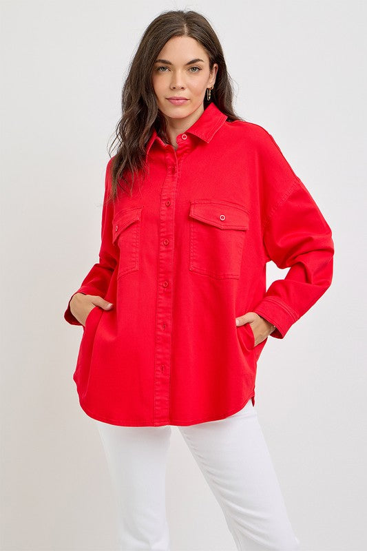 RISEN Button Down Long Sleeve Denim Shacket with Chest Pockets | Hanalas