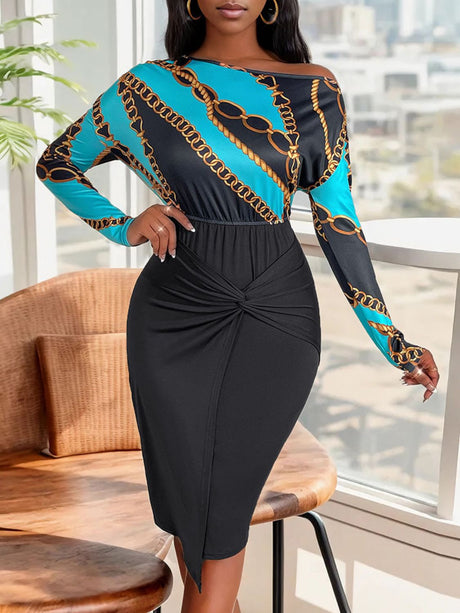 Perfee Twisted Printed Long Sleeve Dress