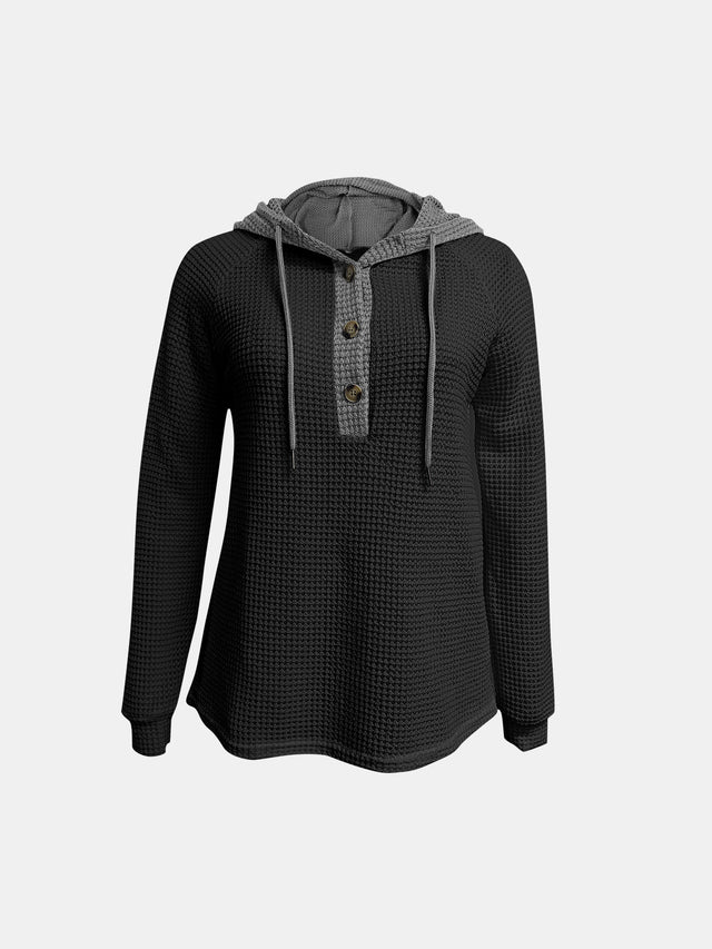 Full Size Waffle-Knit Contrast Long Sleeve Hoodie | Hanalas