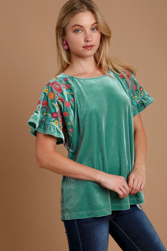 Umgee Velvet Embroidery Short Sleeve Blouse | Hanalas