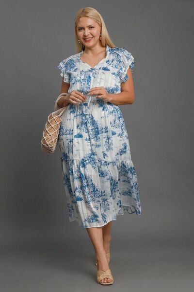 Umgee Full Size Two Tone Landscape Print Midi Dress Plus Size | Hanalas