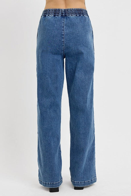 RISEN Full Size Elastic Waist Wide Leg Jeans Plus Size | Hanalas