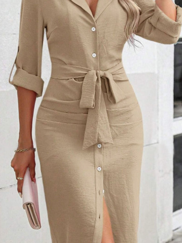 Tied Button Up Collared Neck Roll-Tab Sleeve Dress Trendsi Hanalas