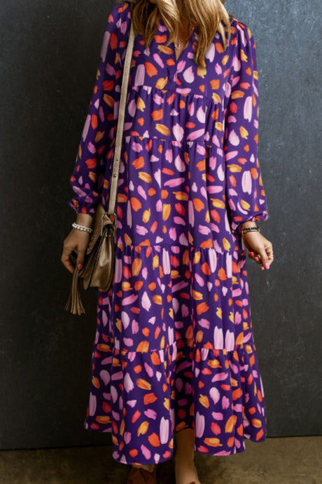 Printed Notched Long Sleeve Dress Trendsi Hanalas