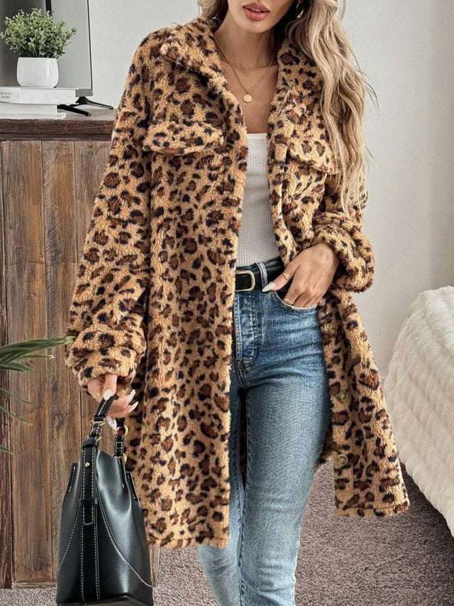 Leopard Button Up Long Sleeve Fuzzy Coat | Hanalas