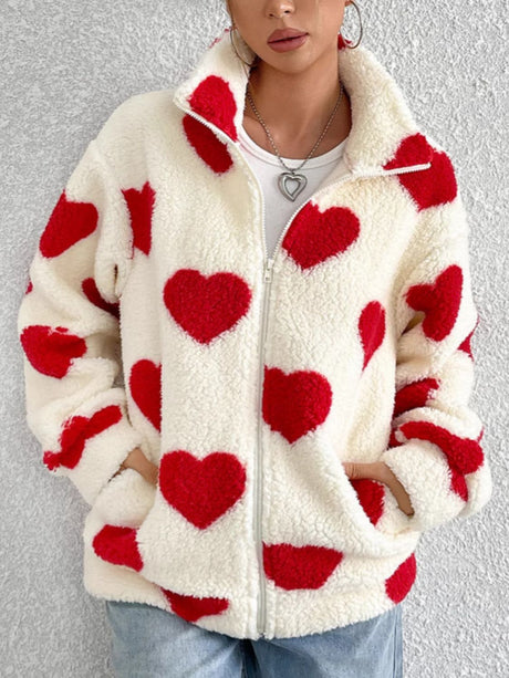 Heart Zip Up Drop Shoulder Furry Jacket | Hanalas