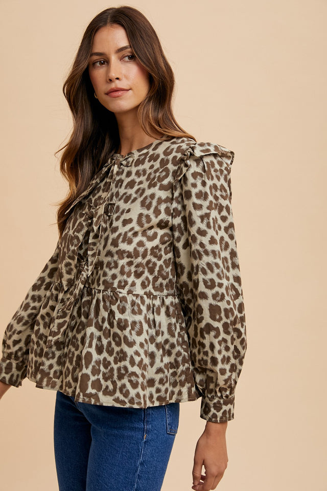 Annie Wear Tied Leopard Round Neck Peplum Blouse | Hanalas