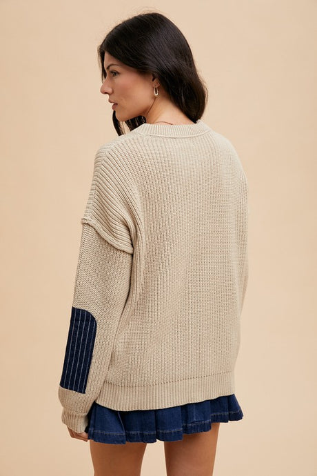 Annie Wear Contrast Round Neck Drop Shoulder Sweater with Patch Pocket | Hanalas