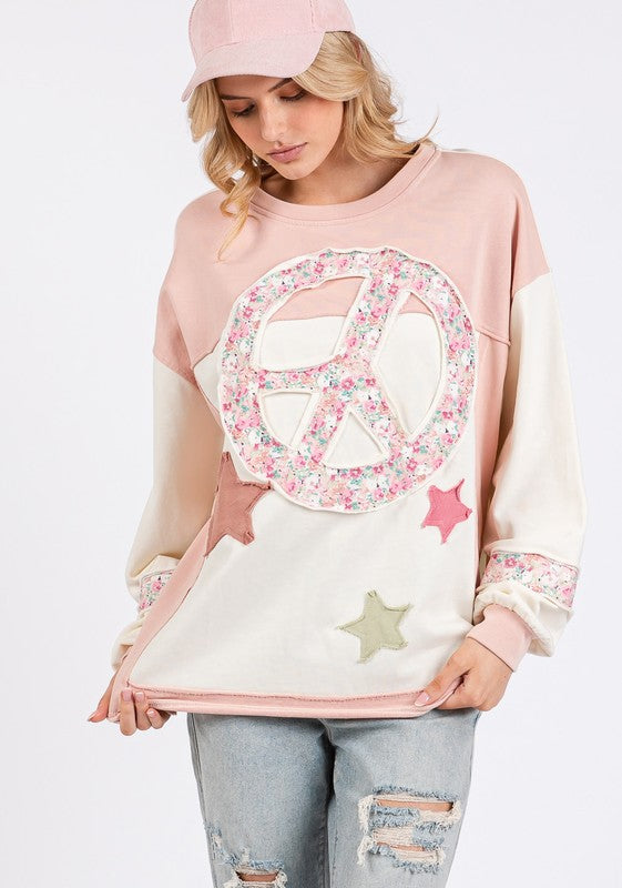 SAGE + FIG Peace & Star Patch Contrast Round Neck Sweatshirt | Hanalas