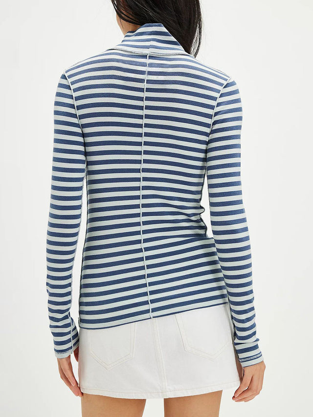 Exposed Seam Striped Turtleneck Long Sleeve T-Shirt | Hanalas