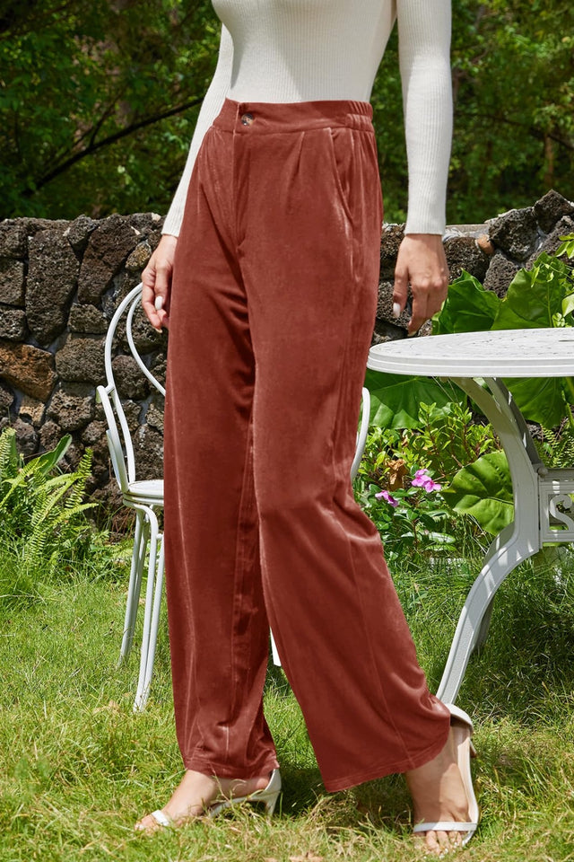 Velvet Wide Leg Pants with Pockets | Hanalas