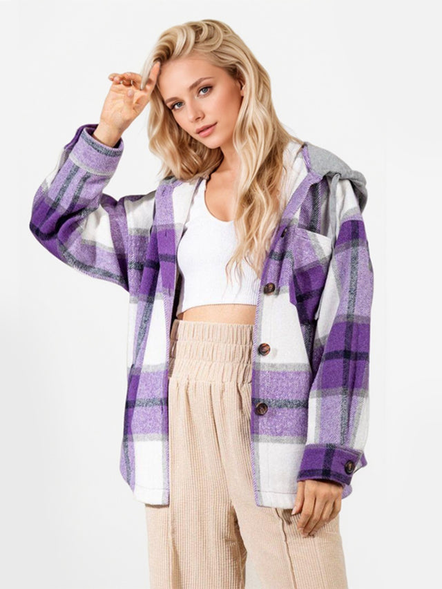 Drawstring Plaid Button Up Long Sleeve Outerwear Trendsi Hanalas