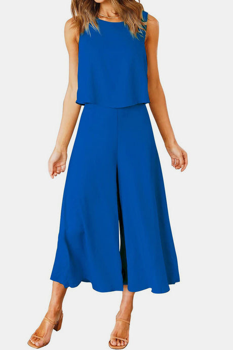 Round Neck Top and Wide Leg Pants Set | Hanalas